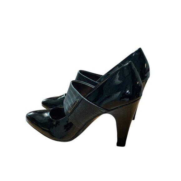 Isola Black Patent Leather Heels With Croc-Embossed Strap Womens Size 9M - Picture 3 of 12